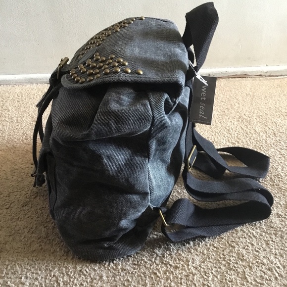 New Black Canvas Studded Backpack - Picture 2 of 6